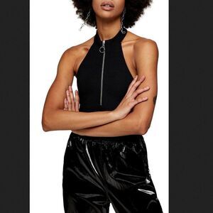 Topshop Stretchy Black Zip-Up Bodysuit Sz 2